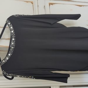 Long sleeve blouse bugle bead trim statement cold shoulder sleeves black